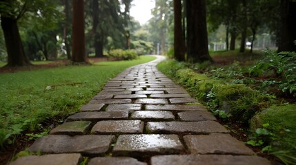Obraz premium A wet stone pathway winds through a lush green park on a misty overcast day evoking a sense of peaceful solitude