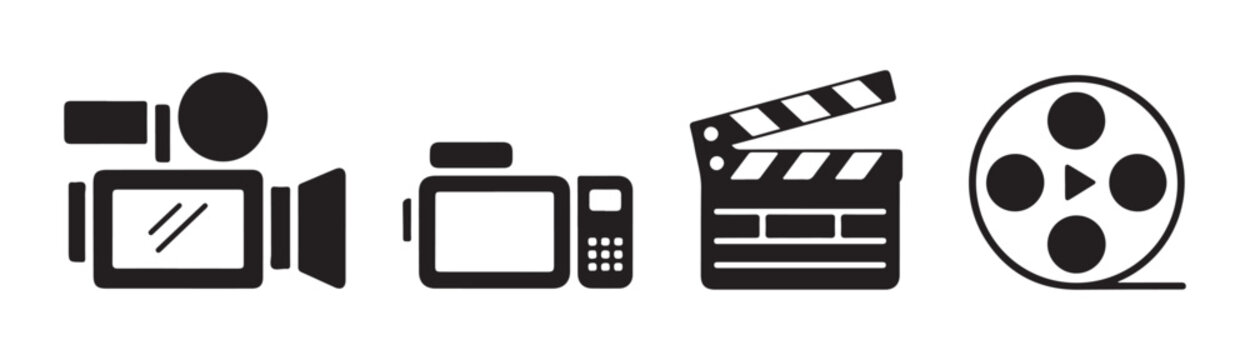 Professional cinematography icons featuring camcorder clapper board and celluloid film reel vector symbols