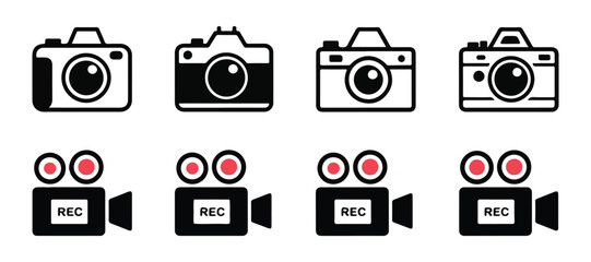 Set of eight camera and video camera icons with record buttons on a white background for design
