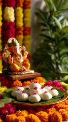 Ganesha idol with traditional indian sweets modak on leaf platter surrounded by marigold flowers, festive altar scene for religious celebration, cultural festival design, devotional food