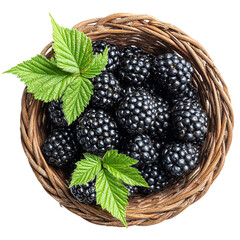 Blackberry with leaf in in a wicker basket Top view. Flat lay isolated on transparent background.