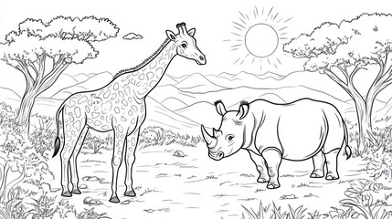 Obraz premium Black and white giraffe and rhino coloring page, African landscape