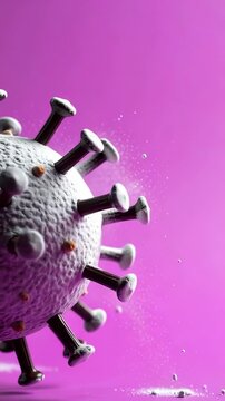 3D microscopic view of a viral pathogen with protein spikes on a vibrant pink background