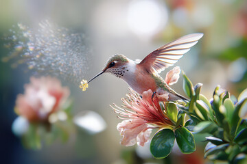 Fototapeta premium Vibrant hummingbird hovering near colorful flower, showcasing intricate details and sense of motion. scene captures beauty of nature and delicate