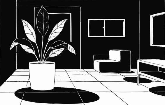 Plants in the room. Line art of houseplants. Simple line drawing illustration. A room with greenery.