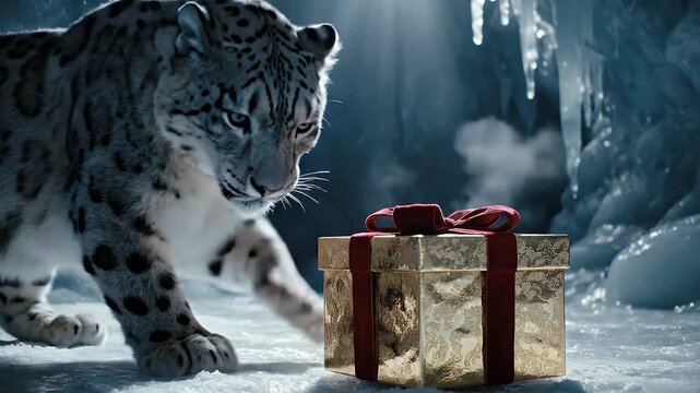 Snow Leopard Curiously Pawing at a Gift Box - A snow leopard cautiously examines a beautifully wrapped gold gift box with a red ribbon, set on a snow-covered surface inside an icy cave.