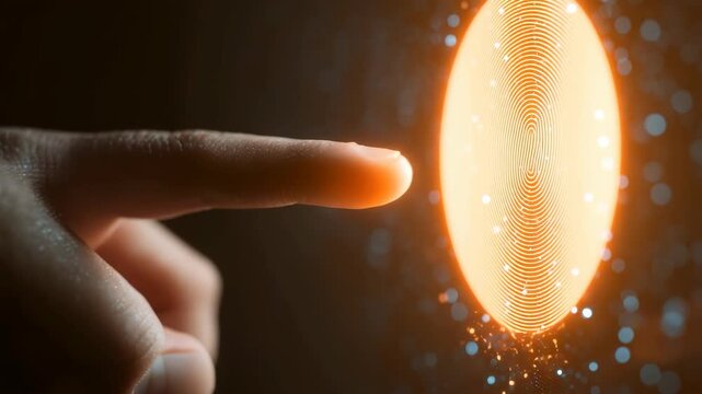 Finger Touch Technology Digital Interface Glowing Orange Futuristic Innovation Abstract with Fingerprint Biometric Authentication Security, Digital Identification Scan, Glowing Touch Interface