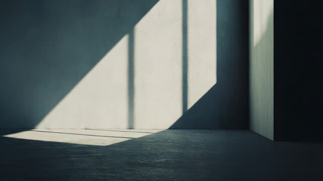 Sunlight beams through a window casting bold geometric shadows and bright highlights across a textured white wall and dark floor in a minimalist, empty interior space