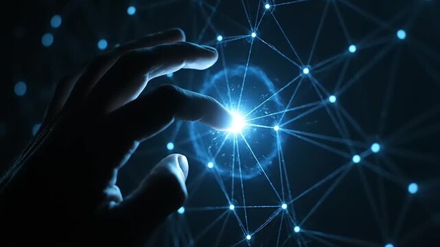 Hand Interacting with Light Network, Digital Environment, Macro Perspective, adobepremiumvideo