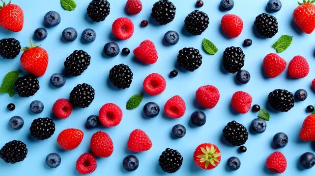 Assortment of fresh red strawberries, blueberries, raspberries, and blackberries scattered on blue background