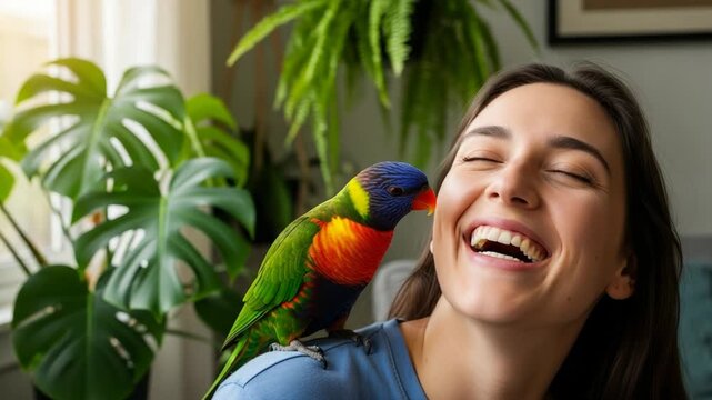 Happy woman smiles with a colorful parrot on her shoulder, indoors. Lush green plants in background