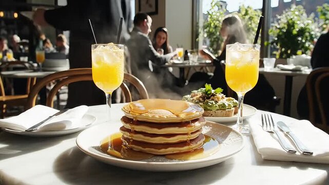 Golden pancakes with syrup and refreshing orange juice glasses, illuminated by warm morning sunlight on a restaurant table, perfect for a delightful breakfast or brunch