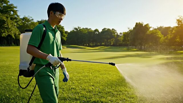 Golf Course Maintenance - An employee is spraying a golf course with a backpack sprayer. The worker is wearing safety glasses and gloves to protect them from any harmful chemicals.