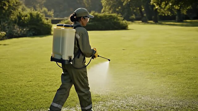 Gardener Spraying Lawn with Backpack Sprayer - A gardener wearing protective gear, including gloves and safety goggles, uses a backpack sprayer to treat a large grassy area in a park.