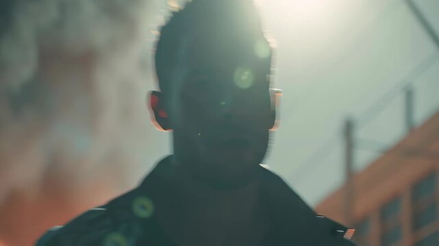 Action hero standing in front of burning car and dramatic city lights during a tense scene for modern cinematic thriller blockbuster concept art