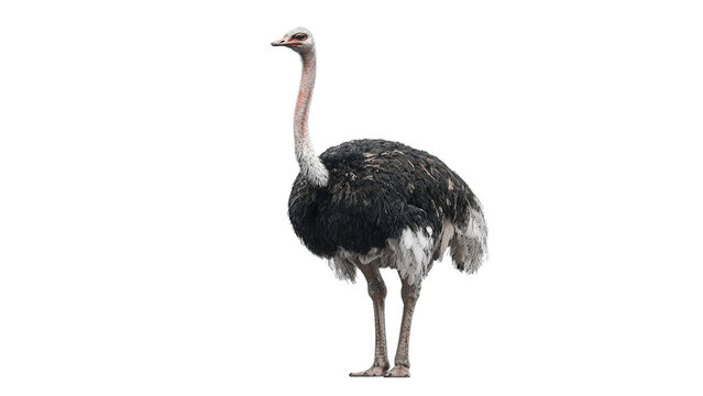 A majestic ostrich stands tall, showcasing its striking black and white plumage against a plain backdrop on a transparent background.