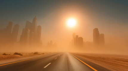 Obraz premium Heat wave blurs city skyline with intense sunlight over empty road and desert landscape creating dramatic and warm atmosphere in scene