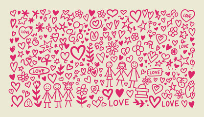 Dense pink doodle pattern with many hearts flowers and stick figure families for romantic background design