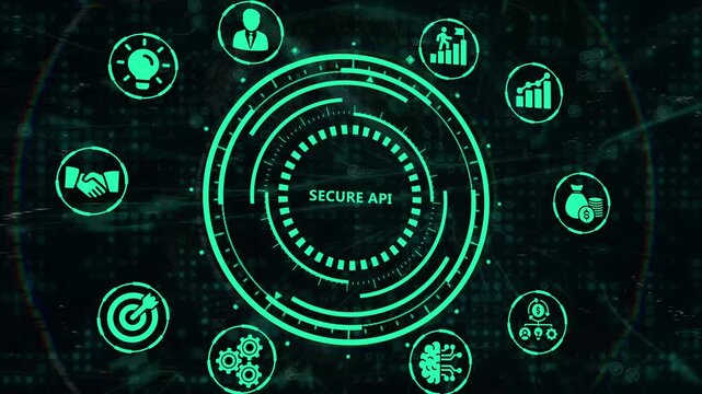 Futuristic digital interface displaying a secure API connection with glowing neon green icons representing data protection and network security, ideal for technology concepts.