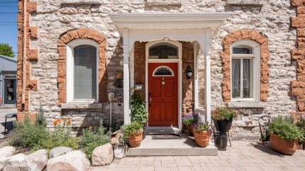 Fototapeta premium Rustic stone building entrance features a bright red door and potted plants on a sunny day
