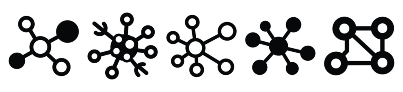 Stylized icon set of a  neural learning nodes on white background. Machine learning silhouette Icons in solid and silhouette versions.