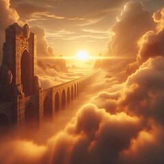 realistic 3D cinematic sunset, golden sun setting behind the clouds