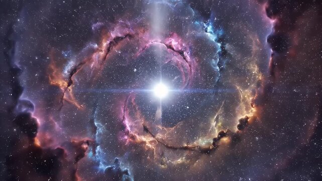 Colorful Nebula with a Central Star - An eye-level view shows a vibrant nebula glowing with pinks, blues, and oranges.