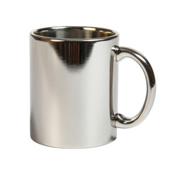 A shiny silver metal mug on a black background