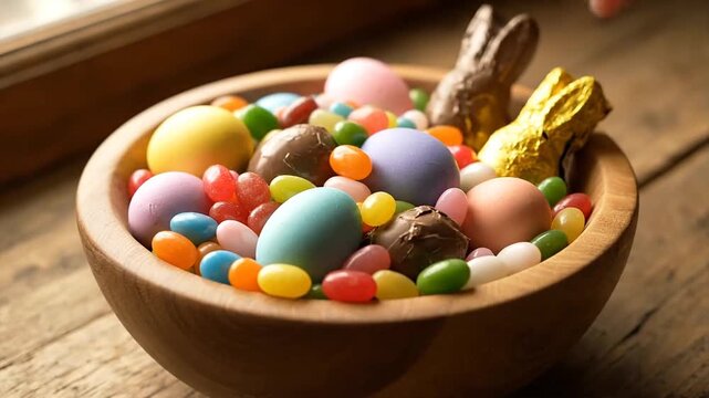 Colorful easter treats candy eggs and chocolate bunnies in wooden bowl