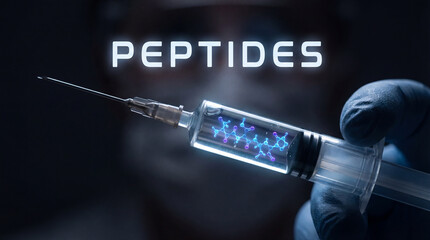Syringe Containing Peptide Molecules Held by Gloved Hand, Highlighting Biohacking and Longevity Advances. Image Made Using Generative AI.