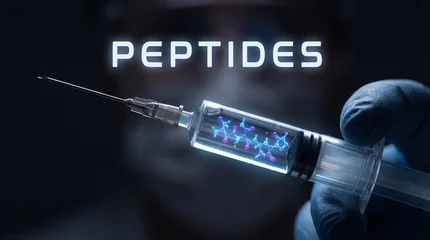 Syringe Containing Peptide Molecules Held by Gloved Hand, Highlighting Biohacking and Longevity Advances. Image Made Using Generative AI. © Maridav