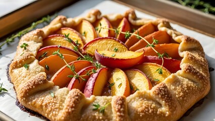 Delicious homemade peach galette with fresh sliced peaches and thyme, a rustic open-faced fruit tart, perfect for summer dessert and baking concepts.