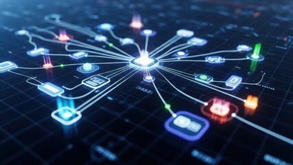 A glowing central node connected to multiple colorful and symbols on a dark grid background connections
