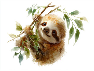Obraz premium AI Generated: Cute baby sloth hanging on a tree branch with green leaves.
