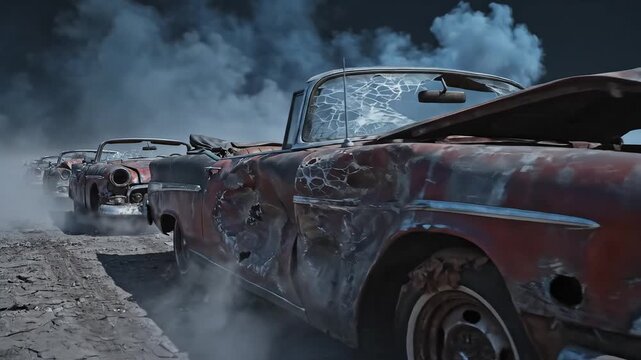 Row of rusted vintage cars in desert