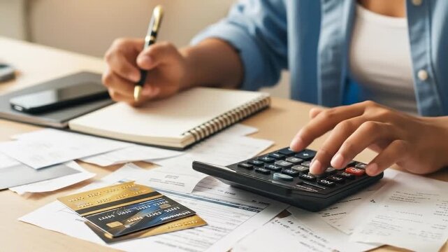 Person calculating expenses with credit cards and paperwork on a desk
