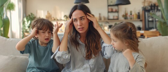 The Mother Overwhelmed by Her Young Children on a Sofa in Living Room