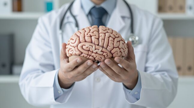Doctor wearing a white coat holding a human brain model in a medical office setting