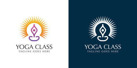 Fototapeta premium Yoga Class Logo Design with Meditation and Sun Rays