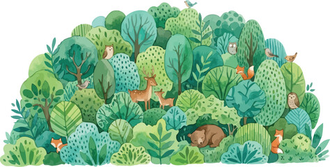 Naklejka premium Watercolor Forest Landscape with Animals Hand Painted Nature Illustration