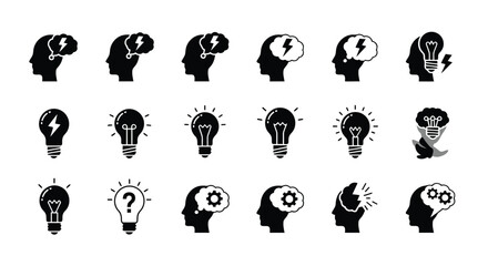Obraz premium Creative thinking and innovation concepts illustrated by human silhouettes with glowing light bulb icons for ideas and solutions