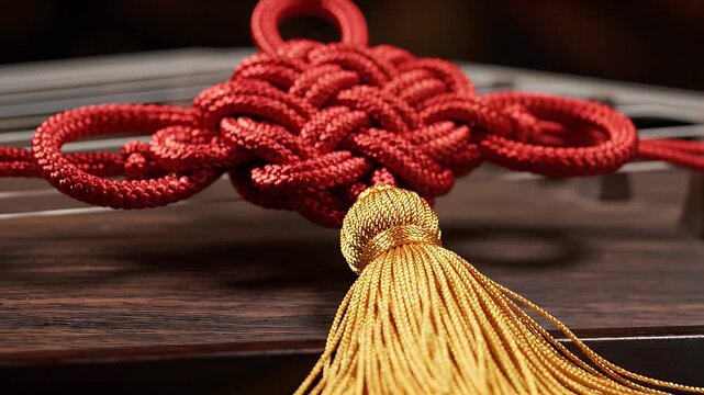 Decorative Chinese Knot with Tassel - The video showcases a traditional Chinese knot made from vibrant red cord with a detailed, intricate pattern.