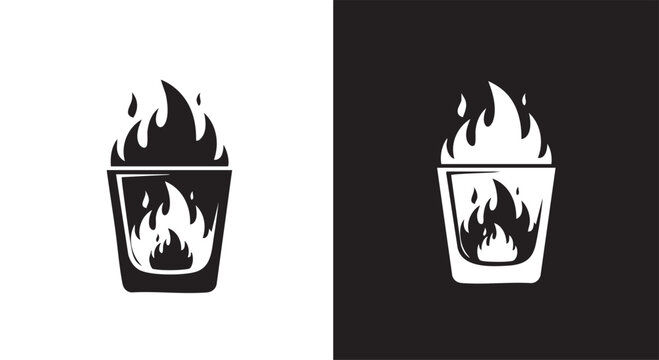 Monochromatic vector illustration of a flaming shot glass, presented in both black-on-white and white-on-black versions, symbolizing potent spirits.