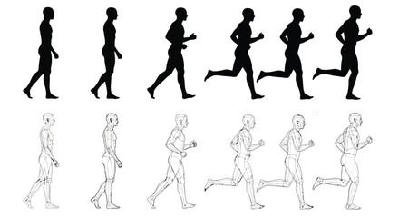 Fototapeta premium Progression of human motion from steady walk to dynamic sprint illustrated in sequential black silhouettes and line art