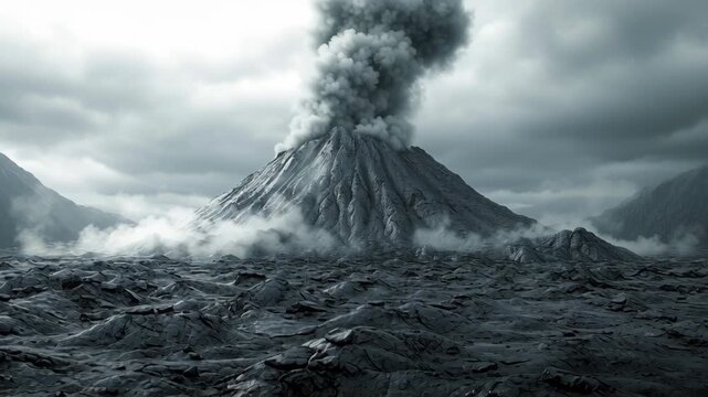 Hyper-realistic cinematic volcano eruption, monochrome charcoal and grey tones, timelapse of volcanic activity and natural disaster