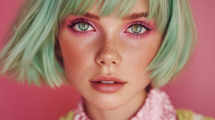 Fototapeta premium portrait of a woman with green bob haircut and soft pink makeup, freckles and glowing skin in warm sunlight on pastel background, modern fashion beauty concept for skincare ads, banners