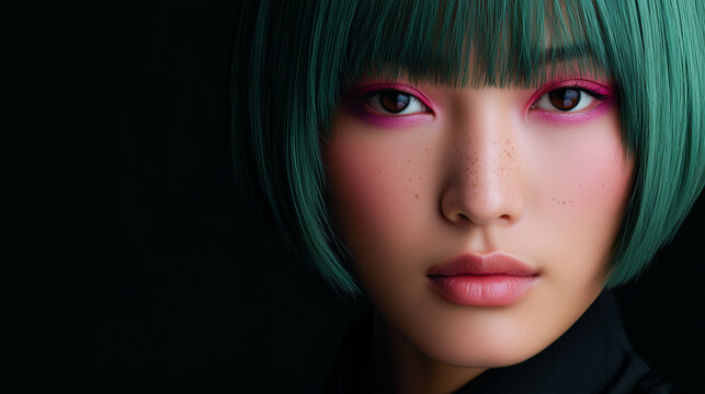 beauty portrait of a asian woman with green bob haircut and bright pink eye makeup, smooth glowing skin and natural freckles on dark background, modern editorial fashion concept for cosmetics