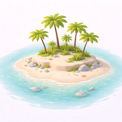 Obraz premium Tropical Island Paradise Illustration, Small Palm Island in Ocean, Summer Vacation Design 