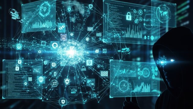 A person in a hoodie observing a network of interconnected digital screens with security and data visualizations