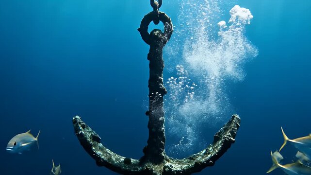 Underwater Anchor with Swimming Fish - A large, weathered anchor rests at the bottom of the ocean, surrounded by clear blue water and bubbles rising to the surface.